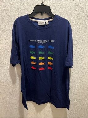 Lacoste Navy Short-Sleeve Tee with Multicolor Crocodile Grid